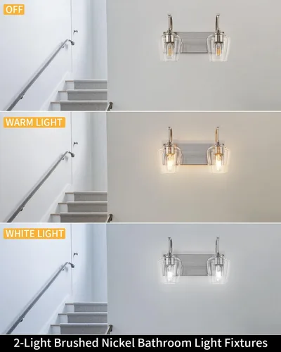 Miniatura 6 de foucasal Accesorios de Luz de Baño de Níquel Cepillado Luz de Tocador de Baño con Pantalla de Vidrio Transparente, 2 Luces Modernas de Pared