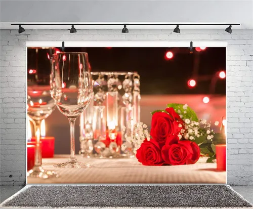 Haoyiyi Telón de fondo romántico de aniversario de 7 x 5 pies con rosas rojas románticas, amor, champán, luz de velas, cena, fondo de fotografía