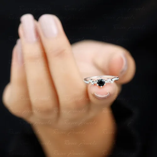 Miniatura 5 de Anillo de promesa de ónix negro natural con diamante para mujer, anillo de hoja de cuentas Calidad AAA