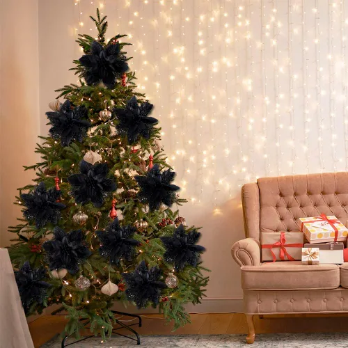 Miniatura 5 de Flores de Pascua de Navidad plateadas, paquete de 24 flores de seda con purpurina para adornos de árbol de Navidad, coronas de Navidad, guirnaldas