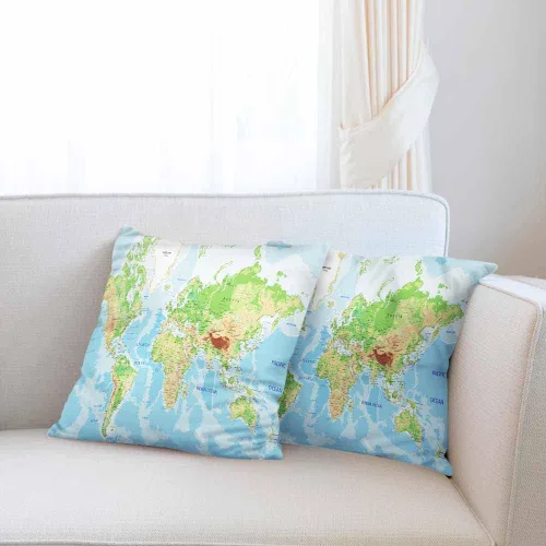 Miniatura 6 de Juego de 2 fundas de almohada decorativas con diseño de mapa del mundo, geografía terrestre y marítima con etiquetado, para el hogar, sofá, silla