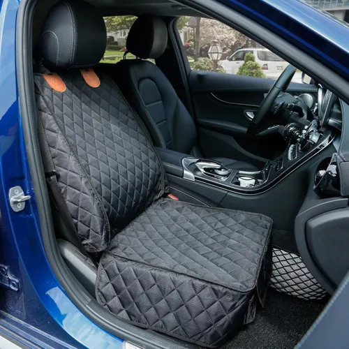 Miniatura 2 de PETICON Paquete de 2 fundas de asiento delantero, funda de asiento de automóvil para perro de protección completa con solapas laterales, Negro