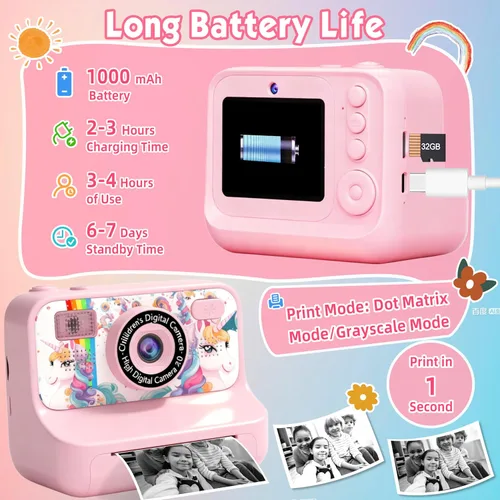 Miniatura 8 de Cámara para niños, Cámara de impresión instantánea mejorada, Cámara digital selfie dual delantera y trasera con videos de 1080P, juguete de viaje