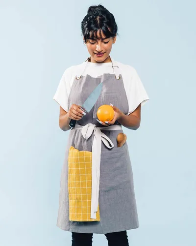 Miniatura 5 de Caldo Delantal de cocina de lino para cocinar, delantal de lino para hombre y mujer, para chef profesional, servidor o barista, ajustable con Peltre