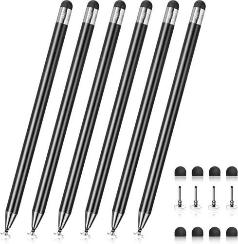 Stylus Negro 6 Piezas, Lápiz Stylus de Metal 2 en 1 para Pantalla Táctil, Puntas de Goma de Alta Precisión y Sensibilidad, Compatible con iPhone