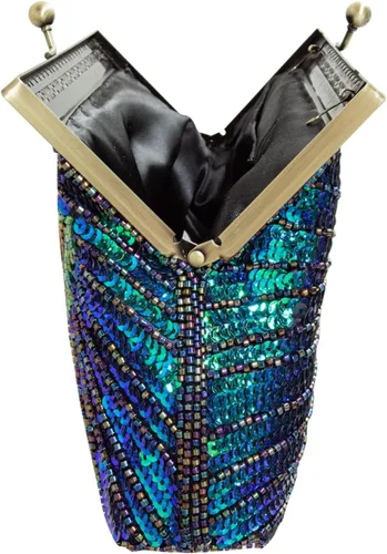 Miniatura 5 de Bolso de noche grande con cuentas y lentejuelas, estilo vintage, bolso de mano para fiesta de boda, bolso de mano para mujer (azul pavo real), Azul