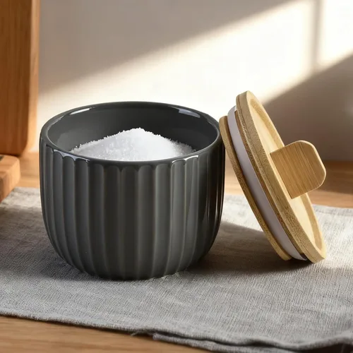Miniatura 7 de Recipiente de sal con tapa de bambú, cuencos de cerámica de gran capacidad de 14 onzas, caja de pimienta, recipiente de condimentos de esmalte Negro