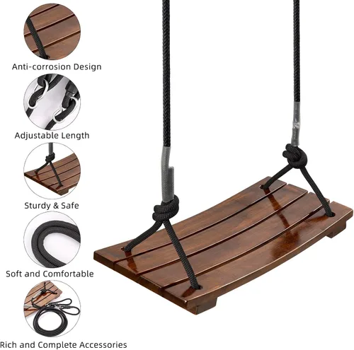 Miniatura 5 de Pellor Asiento de columpio de madera, para interiores y exteriores, juego de columpio de madera para niños, adultos y niños (chocolate)