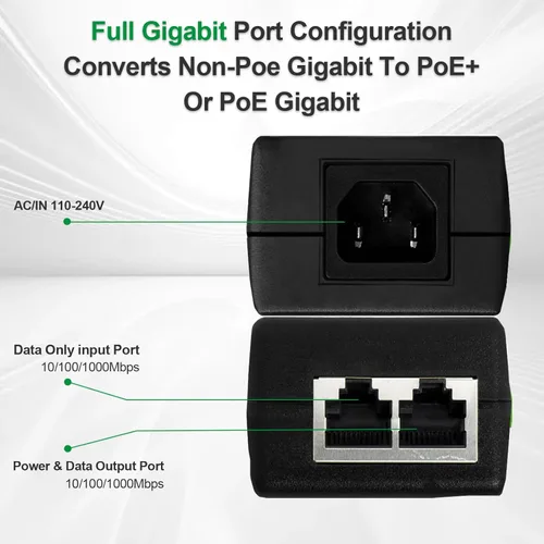 Miniatura 3 de Inyector Gigabit PoE+ para Ethernet, 30W 48V con 10/100/1000Mbps y cumplimiento IEEE 802.3af/at. Extienda la red hasta 100M (328 pies) Plug and