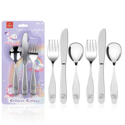 Miniatura 13 de Lehoo Castle Cubiertos para niños pequeños, 6 piezas, utensilios de acero inoxidable para niños, cubiertos seguros para niños para autoalimentarse