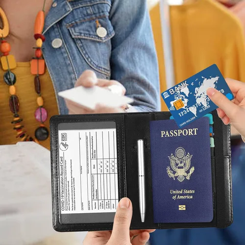 Miniatura 6 de Combo de portatarjetas de pasaporte y vacunación, soporte para pasaporte con ranura para tarjeta de vacunación CDC, cartera con bloqueo RFID