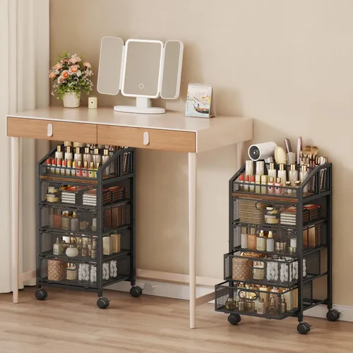Miniatura 10 de HapiRm Organizador de maquillaje, carrito de almacenamiento de 4 niveles para el cuidado de la piel con cajón, carrito de maquillaje rodante