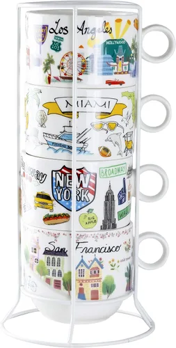Gracie China by Coastline Imports Juego de tazas de café apilables de porcelana de 4 piezas (Nueva York, San Francisco, Los Ángeles, Miami),