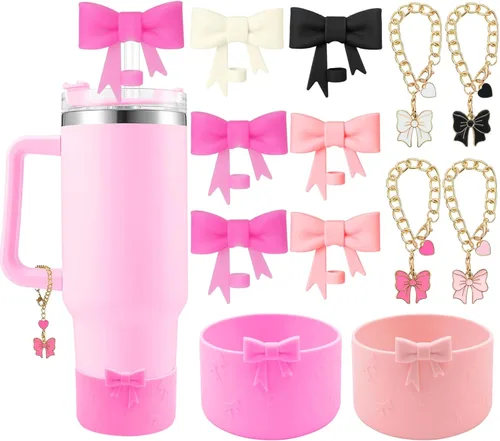 Miniatura 10 de Conjunto de accesorios para taza Hpebl para Stanley, incluye 2 tapas de pajita con moño lindo de 10 mm, tapones reutilizables para pajita, 1 funda