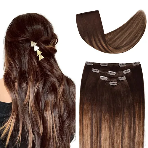 Miniatura 54 de Extensiones de cabello humano Remy de 12 pulgadas con clip para mujer, extensiones de cabello humano sedoso y liso, 1.76 onzas, 4 piezas