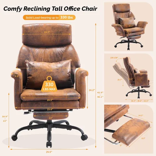 Miniatura 2 de VINGLI Silla de oficina alta reclinable de 100 a 130° con reposapiés y reposabrazos ajustables, silla ergonómica cruzada con ruedas y reposacabezas