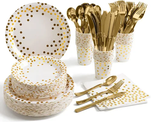 Miniatura 9 de HOMIX 350 platos y servilletas de oro rosa para fiestas, sirve 50 platos de papel desechables, servilletas, vasos, cubiertos para decoraciones