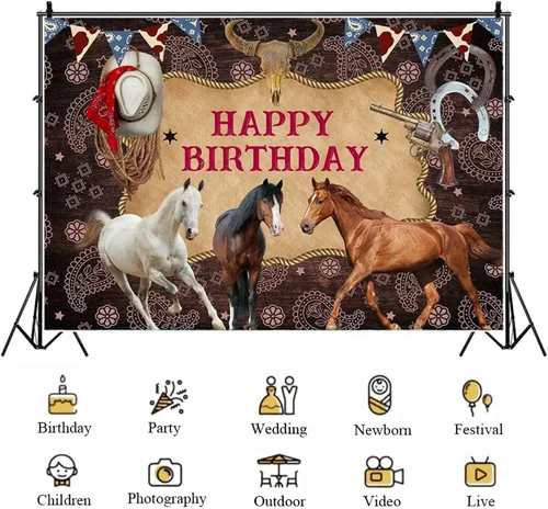 Miniatura 5 de Decoración de cartel de celebración de caballo para fiesta de cumpleaños, telón de fondo estable del salvaje oeste, fondo de fotos de baby shower