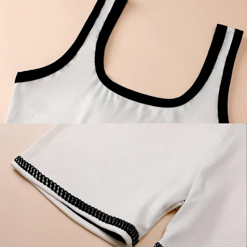 Miniatura 5 de RERERDO Conjunto de yoga de entrenamiento acanalado de girasol, 2 piezas, brasier de cintura alta sin costuras, pantalones cortos de gimnasio