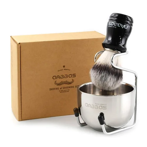 Miniatura 10 de Anbbas Cepillo de afeitar de pelo de tejón puro, mango de madera y jabonera grande con soporte de afeitado de acero inoxidable, kit 3 en 1