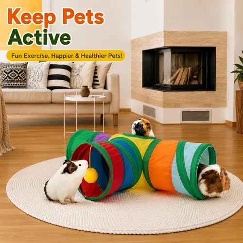 Miniatura 6 de Rypet Túnel de conejillo de indias plegable de 3 vías para mascotas pequeñas y tubos con bola interactiva para bebé, conejo, hurón, hámster, Arcoíris