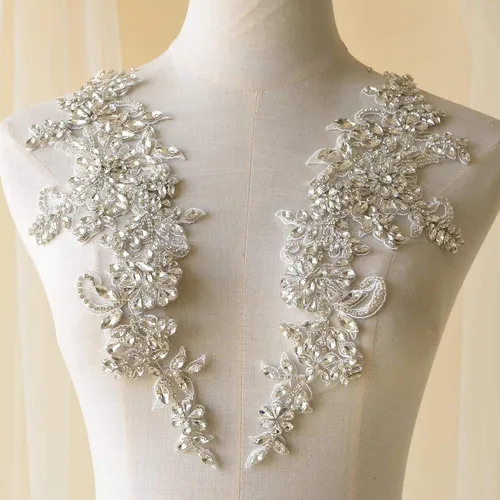 Miniatura 2 de Apliques de diamantes de imitación brillantes, diseño de cuentas pesadas, parche de encaje de cristal de diamante, costura artesanal en vestido