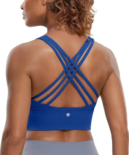 CRZ YOGA Sujetadores deportivos de tirantes largos para mujer, sin varillas, acolchados, cruzados, para yoga, recortados