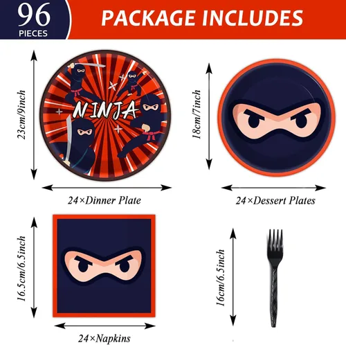 Miniatura 2 de 96 piezas de suministros de decoración de fiesta Ninja Master, juego de vajilla temática de karate, platos de postre, servilletas, tenedores