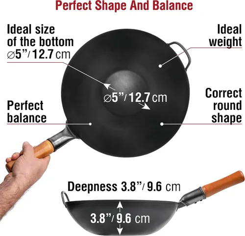 Miniatura 2 de YOSUKATA Sartén wok de acero al carbono – Sartenes para freír de 13.5 pulgadas – Wok chino con pow de fondo plano + tapa de wok de 12.8 pulgadas +
