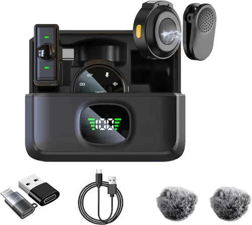 Miniatura 12 de Paquete de 2 micrófonos de solapa inalámbricos para iPhone 15, Android, USB C, iPad con adaptador incluido, mini micrófono de solapa con cancelación