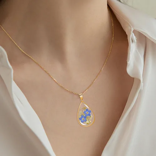 Miniatura 10 de Collar de flores silvestres prensadas con encaje de Forget-Me-Not y Queen Anne Collar de flores prensadas de oro Collares hechos a mano