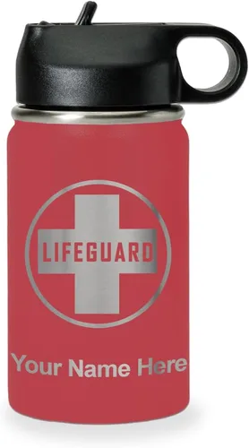 Miniatura 25 de LaserGram Botella de agua personalizada, salvavidas, acero inoxidable de doble pared aislada al vacío con popote superior, regalo grabado Negro