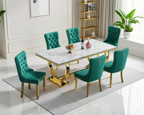 Miniatura 39 de Juego de mesa de comedor de mármol para 4, mesa de cocina rectangular de mármol blanco de 70 pulgadas con base en O de acero inoxidable dorado