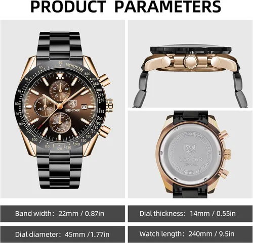 Miniatura 6 de BENYAR Reloj analógico de cuarzo cronógrafo impermeable luminoso de diseñador para hombre, reloj de pulsera para hombre, para negocios, trabajo