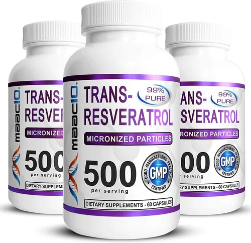MAAC10 - Trans Resveratrol 500 mg paquete de 3 (grado farmacéutico micronizado 99% puro extracto de trans-resveratrol + BioPerine para una absorción