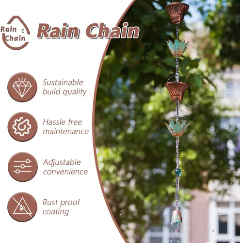 Miniatura 4 de Cadena de lluvia de 10.2 pies para exterior, cadena de lluvia de loto con 16 copas, cadena de captura de lluvia ajustable para exteriores, bajante