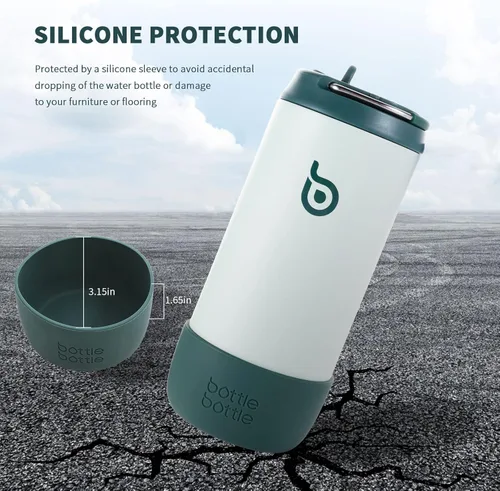 Miniatura 5 de BOTTLE BOTTLE Botellas de agua aisladas de 12 onzas con tapa a prueba de fugas, botas de silicona de acero inoxidable con popote para escuela, Verde