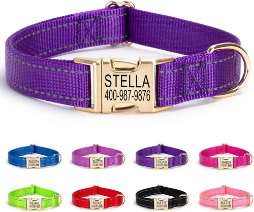Miniatura 26 de Collar de perro personalizado con etiqueta de nombre, collar de nailon reflectante para mascotas, collares de perro con hebilla grabada Rosa