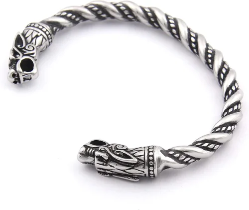 Miniatura 2 de BAVIPOWER Pulsera de cabeza de lobo hecha a mano, ajustable, de acero inoxidable, escandinavo nórdico, auténtica joyería vikinga, Metal