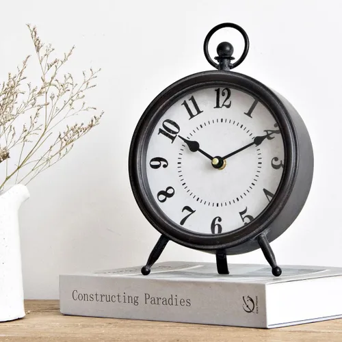 Reloj de mesa negro vintage en soporte, reloj decorativo de escritorio y estante, reloj rústico de repisa, reloj de granja sin tictac