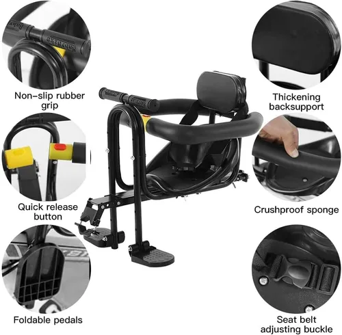Miniatura 2 de Asiento delantero de bicicleta para niños con pedales y soporte para niños de 1 a 3 años de edad, sillín delantero estable portátil para bicicleta