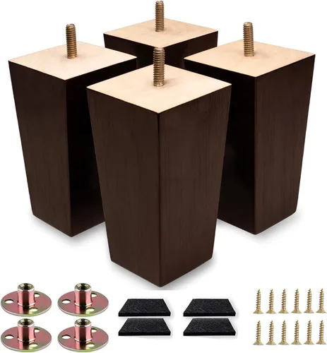 Miniatura 10 de Juego de 4 patas de sofá cuadradas para cama, patas de repuesto de madera de 2 pulgadas para muebles, color marrón oscuro