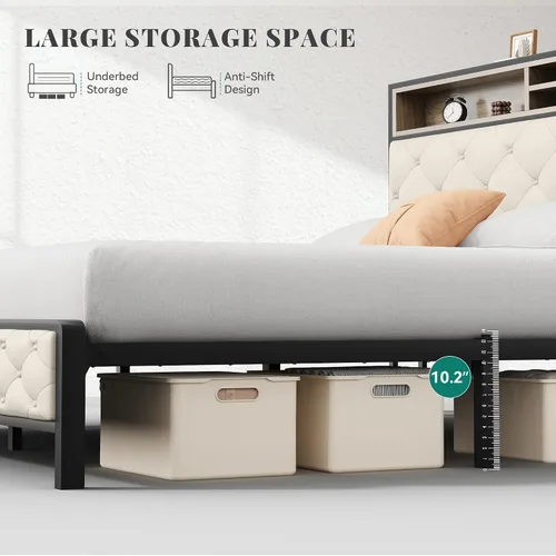 Miniatura 6 de YITAHOME Base de cama de plataforma tamaño Queen con cabecera de 45.2 pulgadas de alto, cabecera de almacenamiento tapizada con estación de carga