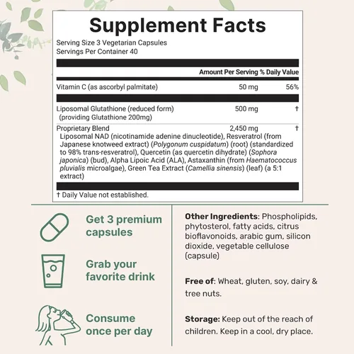 Miniatura 2 de Micro Ingredients Complejo de glutatión reducido liposomal 3,000 mg - Suplemento avanzado de glutatión 8 en 1 con NAD, resveratrol, quercetina
