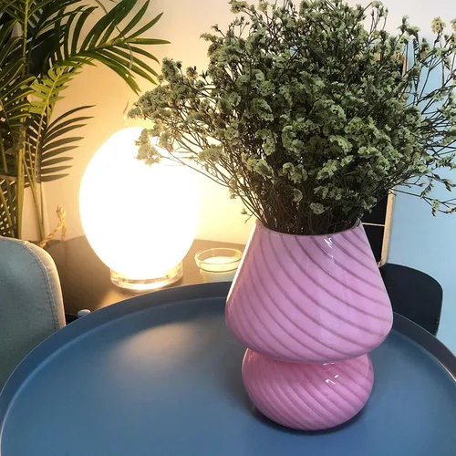 Miniatura 5 de Lámpara de hongo rosa, lámparas de mesa de noche de cristal de hongo, translúcidas, estilo vintage Murano a rayas, pequeña mesita de noche, lámpara