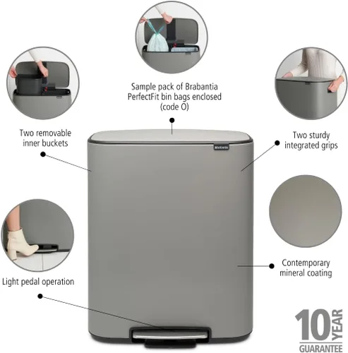 Miniatura 2 de Brabantia Bo Bote de Basura con Pedal Step-On - Cubo Interior de 16 Galones (Gris Concreto Mineral) Bote de Basura para Desechos/Reciclaje, Mineral
