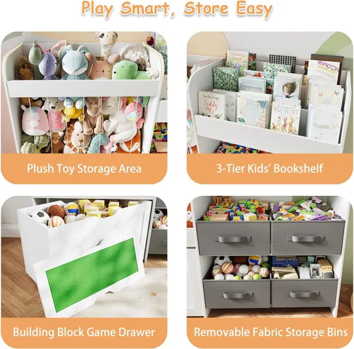 Miniatura 5 de Organizador grande de almacenamiento de juguetes de 51.1 pulgadas de ancho con almacenamiento de animales de peluche, estantería para niños con 4