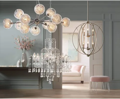 Miniatura 8 de Vienna Full Spectrum Lámpara de araña cromada plateada de 29 pulgadas de ancho, brazo curvado de cristal transparente, 6 lámparas, comedor, casa