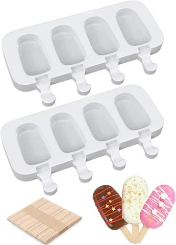 Ouddy moldes de silicona para paletas con tapa, 2 moldes para paletas para niños, 4 cavidades, moldes ovalados para helados con 50 palitos de