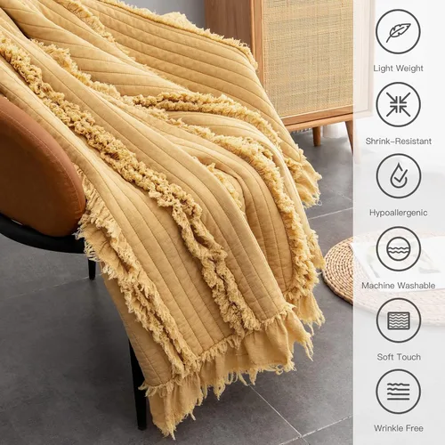 Miniatura 4 de Manta acolchada ultra suave y prelavada de tamaño individual color amarillo bohemio para cama, manta decorativa con flecos con volantes, manta